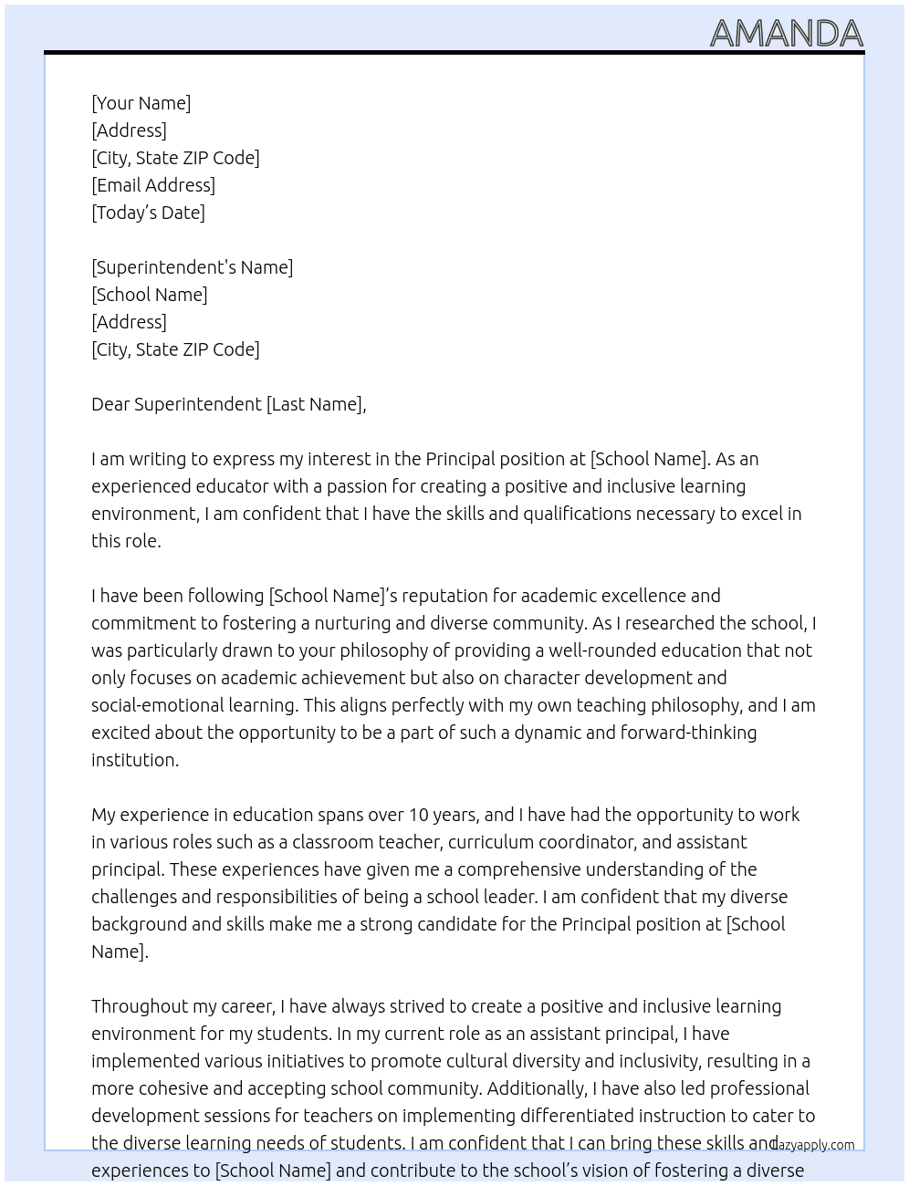 Principal At School Cover Letter