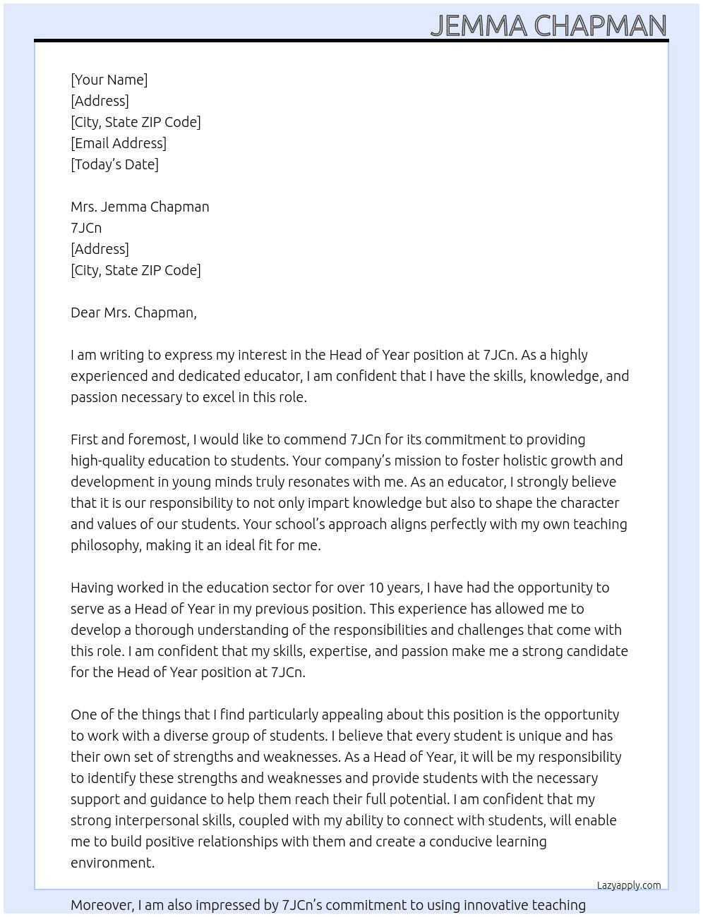 head of year  At 7JCn Cover Letter