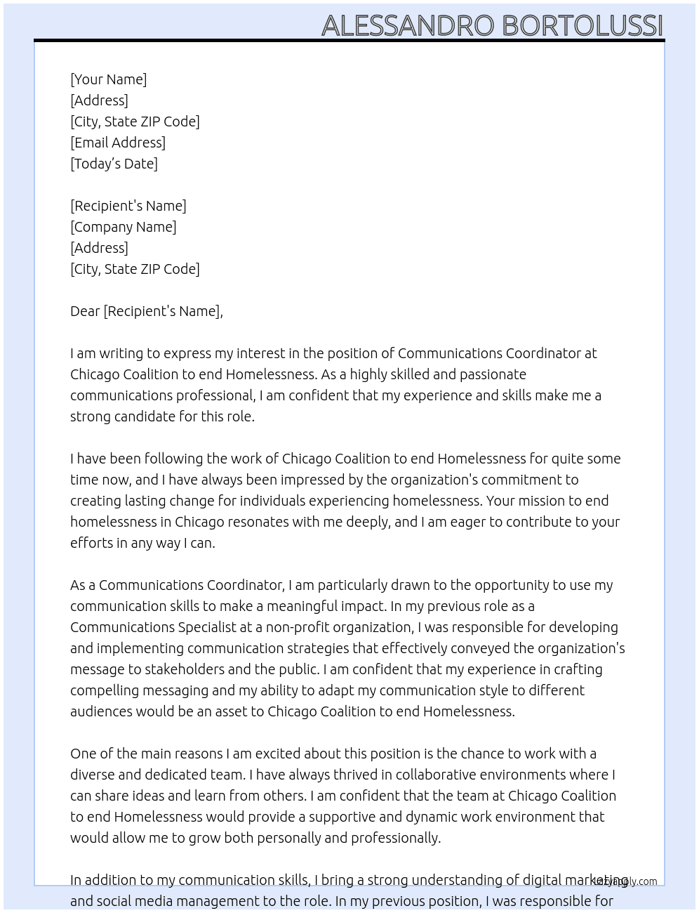 Communications Coordinator At Chicago Coalition to end Homelessness Cover Letter