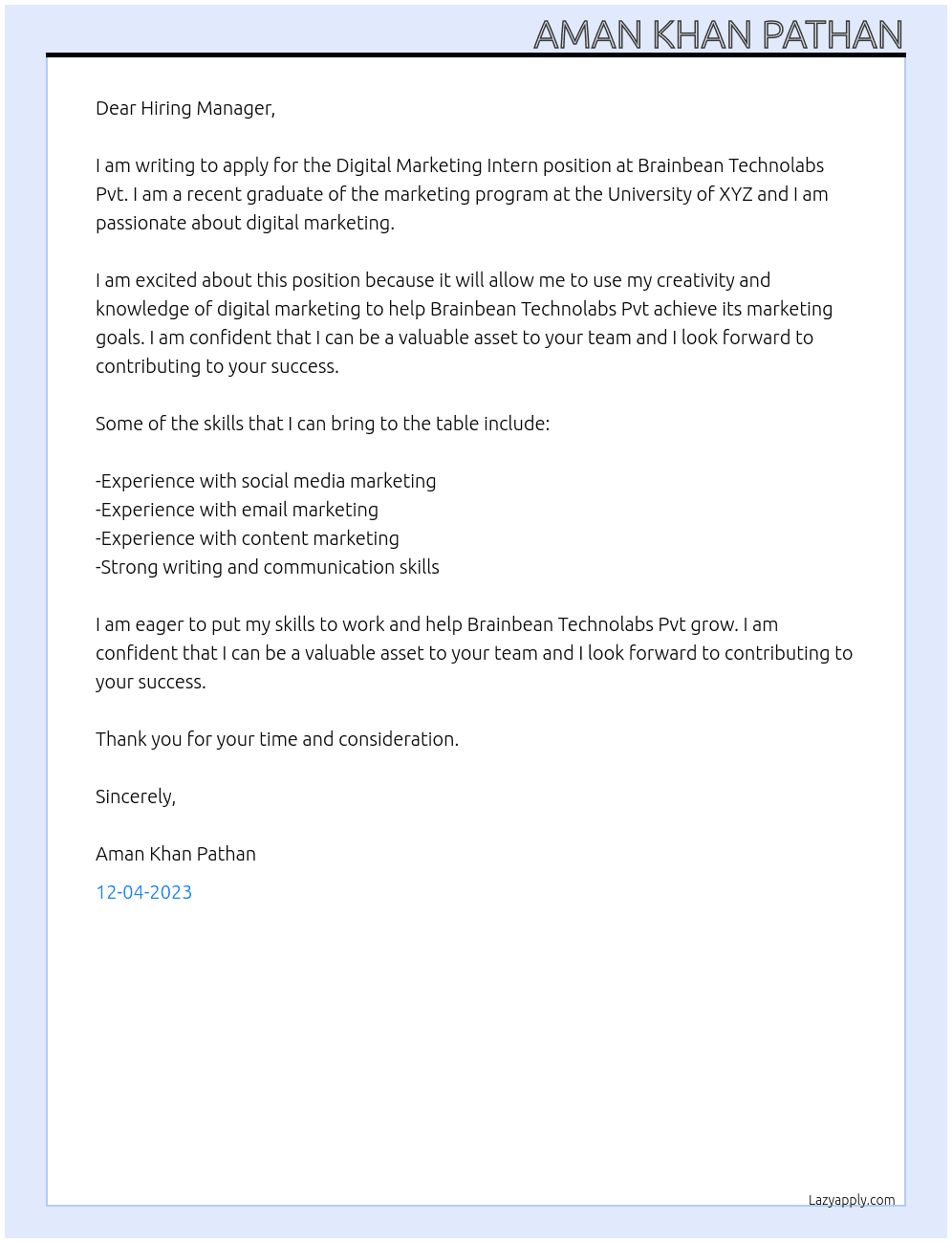 Digital marketing intern At Brainbean technolabs Pvt  Cover Letter