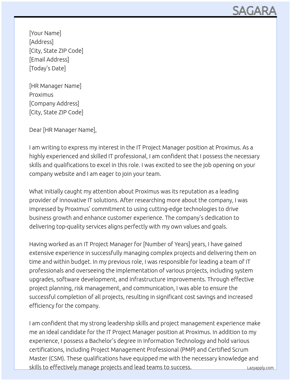 IT Project Manager At Proximus Cover Letter