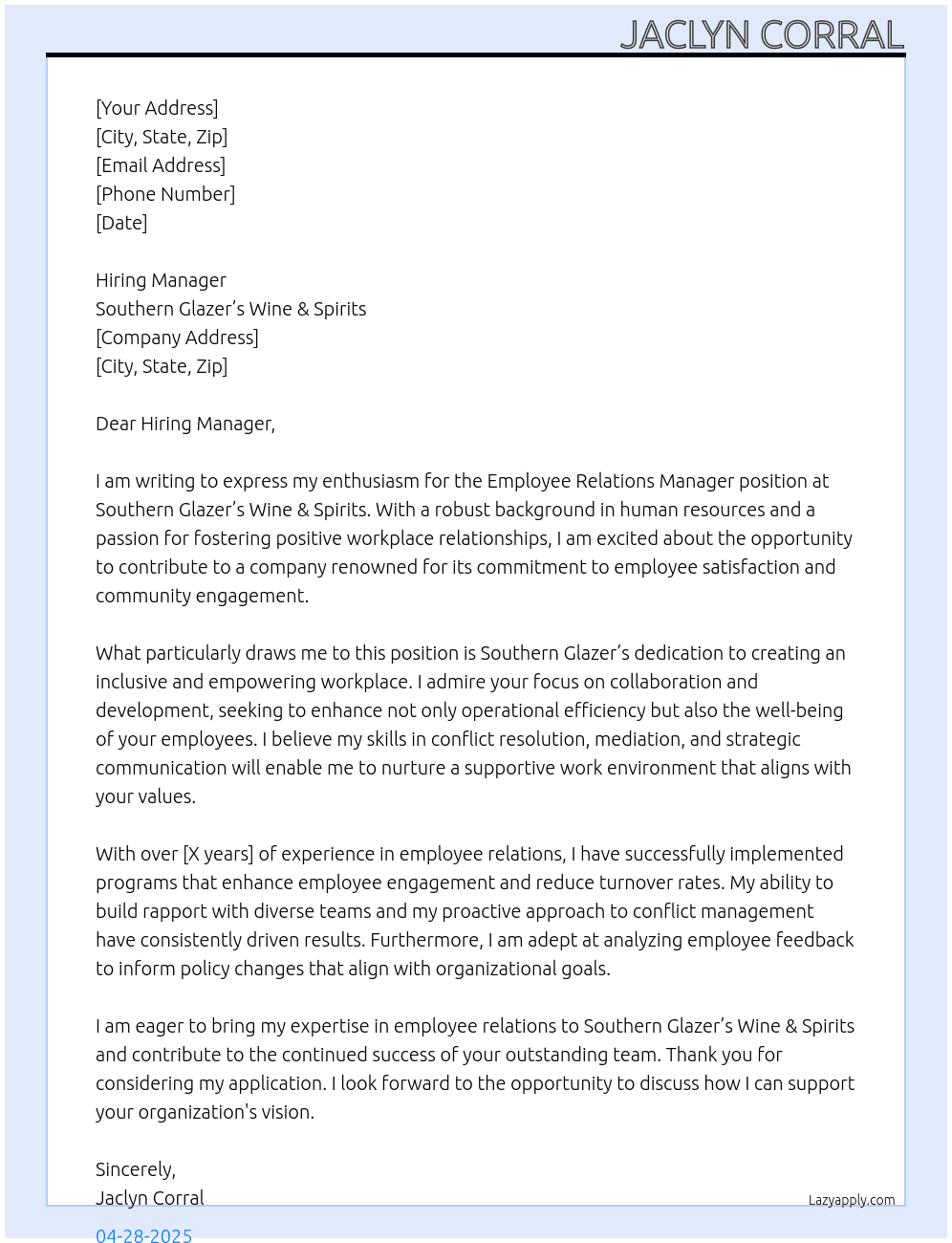 Employee Relations Manager At Southern Glazer’s Wine & Spirits  Cover Letter