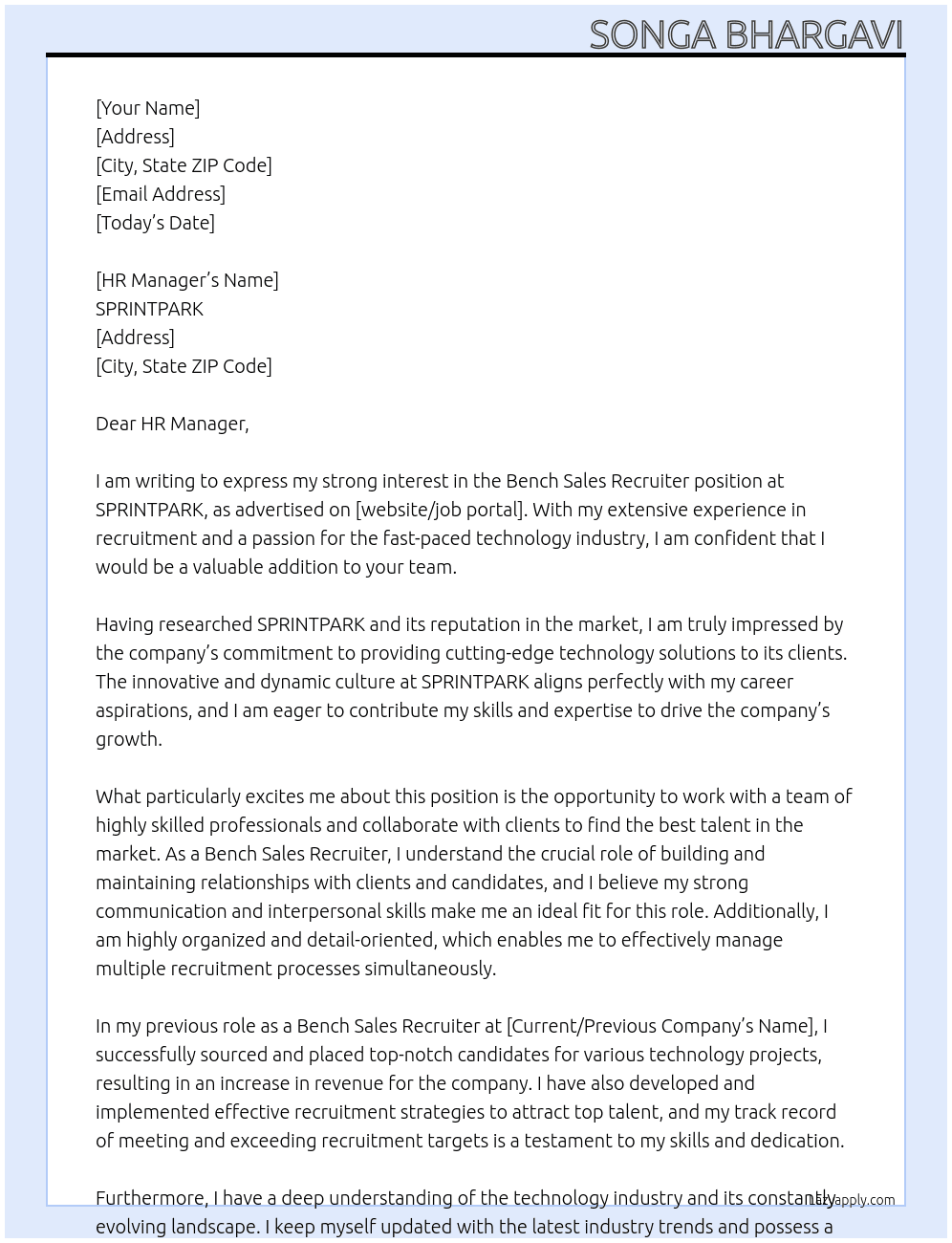 Bench Sales Recruiter At SPRINTPARK Cover Letter