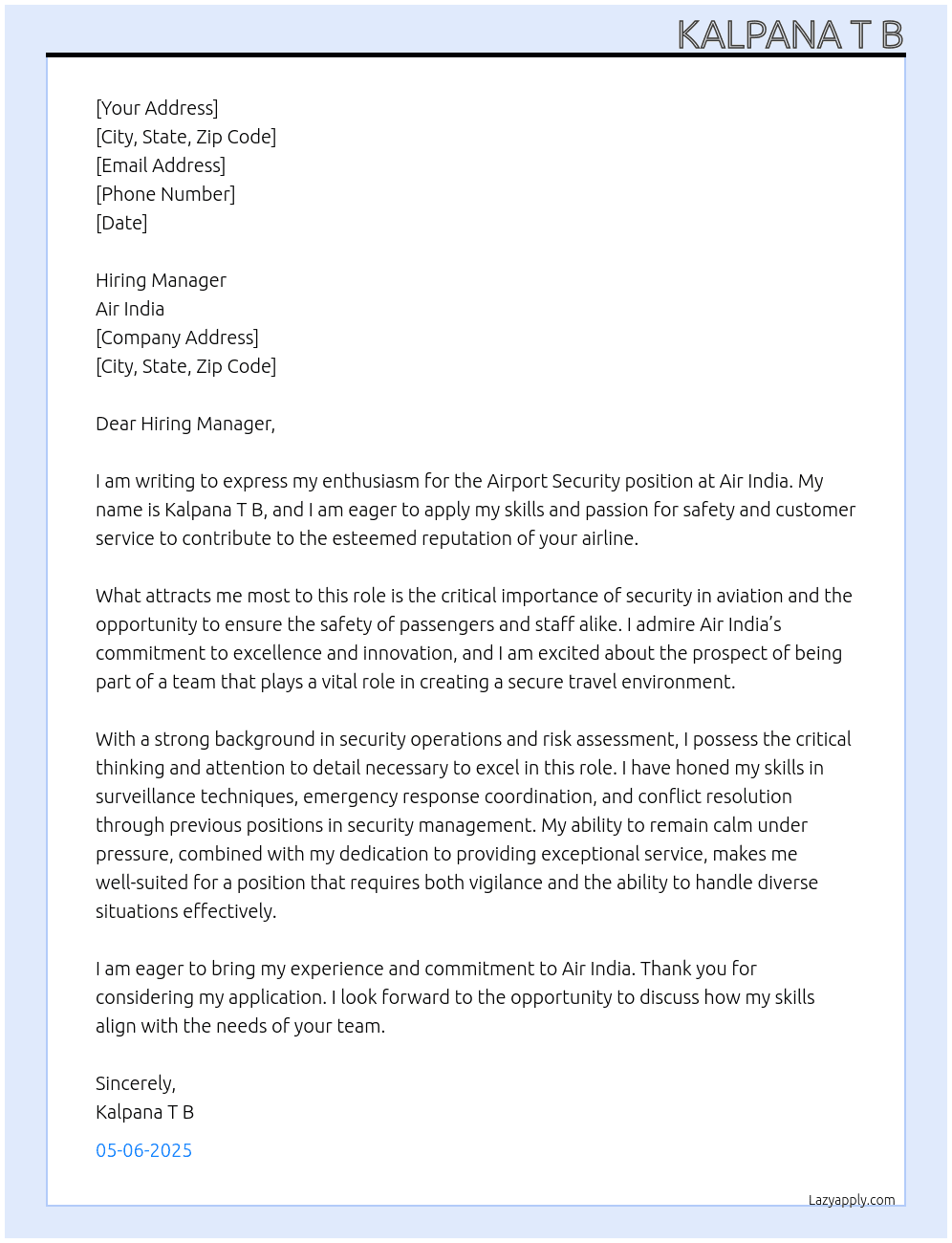 Airport security  At Airindia  Cover Letter