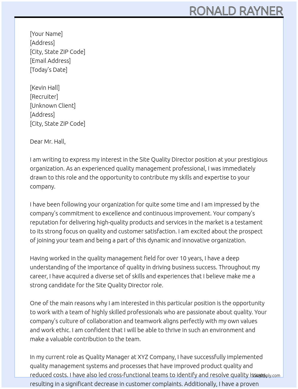 Site Quality Director At Unknown client Cover Letter