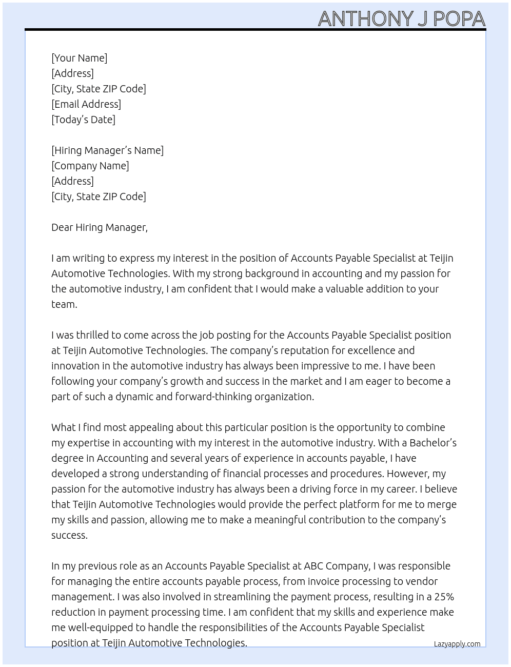 Accounts Payable Specialist At  Teijin Automotive Technologies Cover Letter