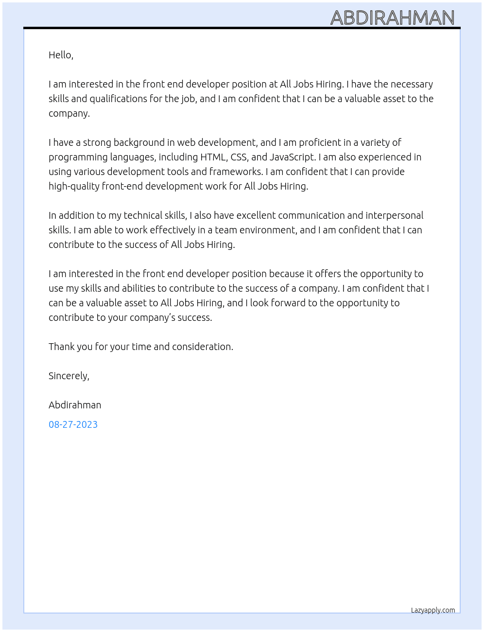 front end Developer At all jobs hiring  Cover Letter