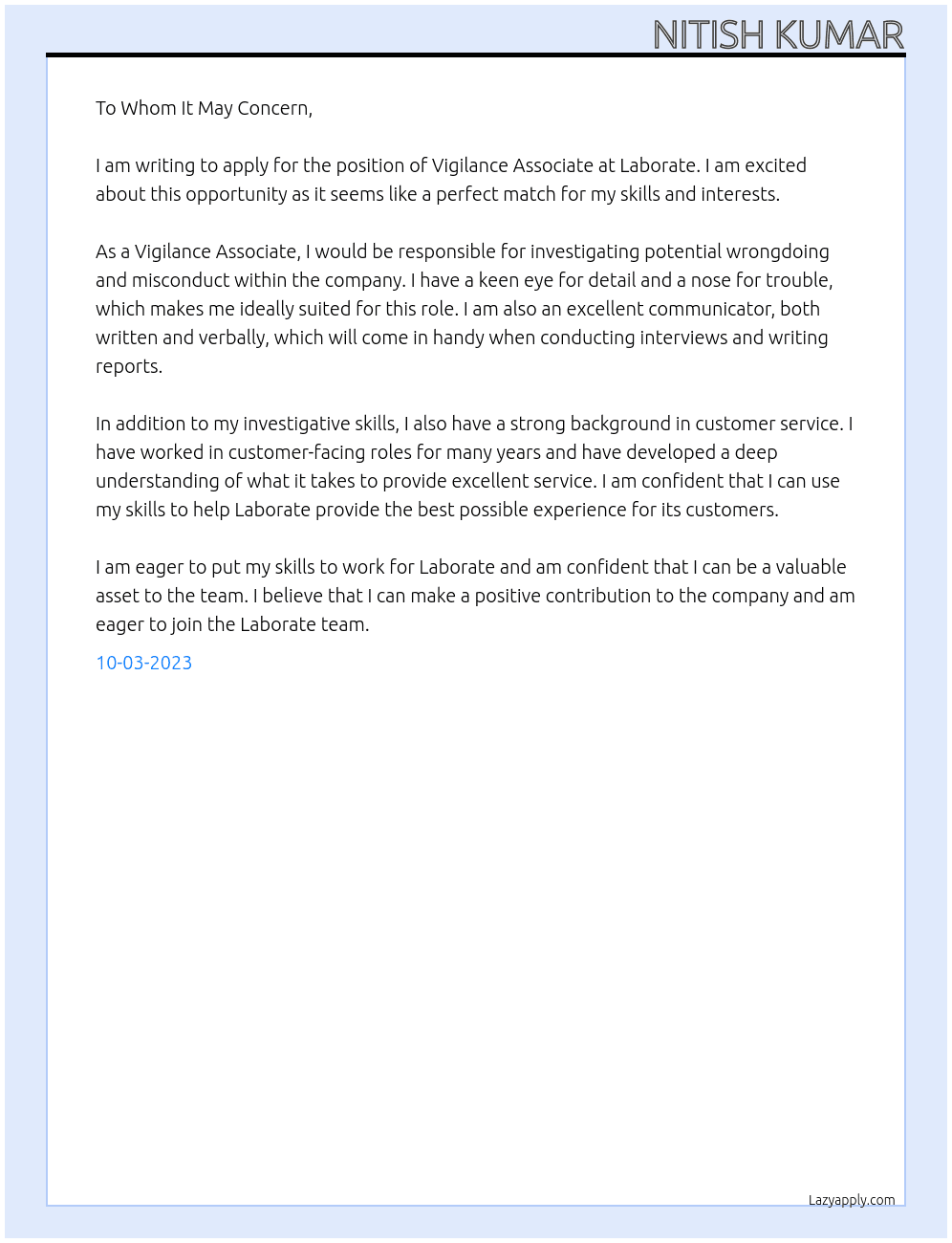 Vigilance associate  At Laborate  Cover Letter