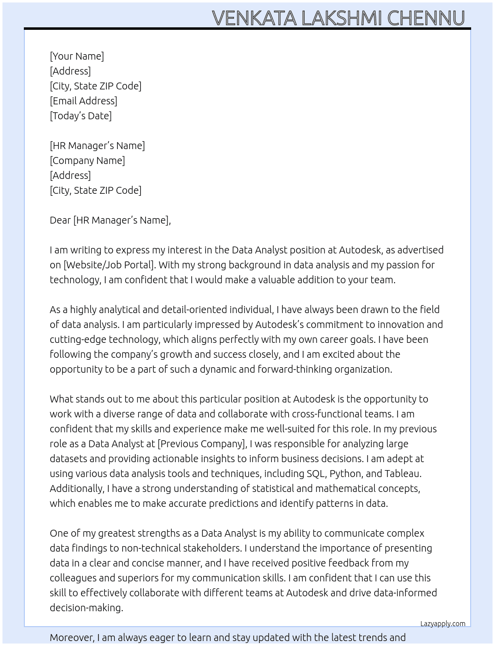 Data analyst  At Autodesk  Cover Letter