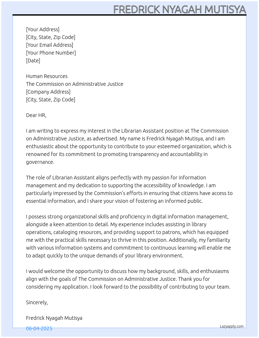 Cover letter for librarian assistant - LazyApply