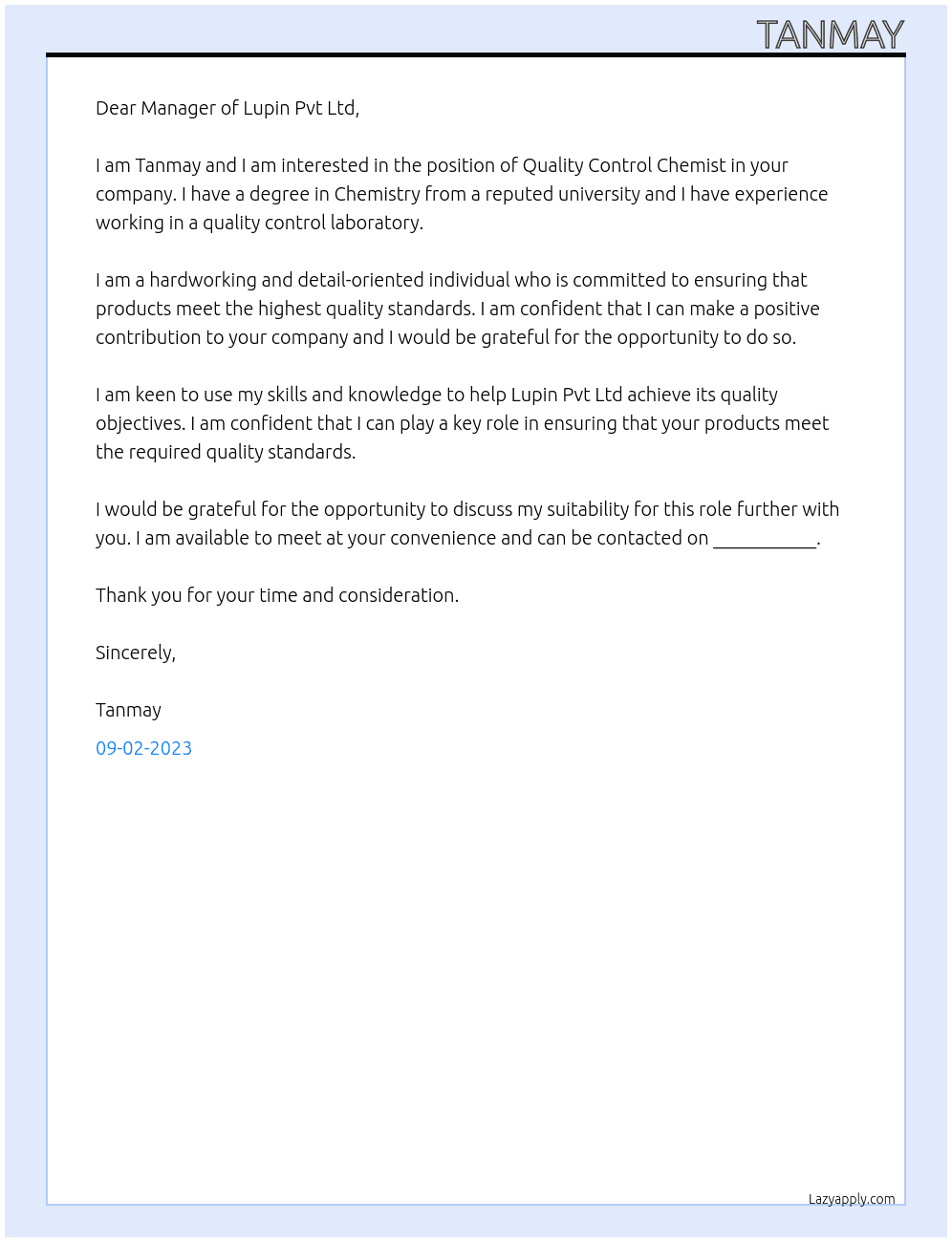 Quality control Chemist  At Lupin Pvt Ltd  Cover Letter