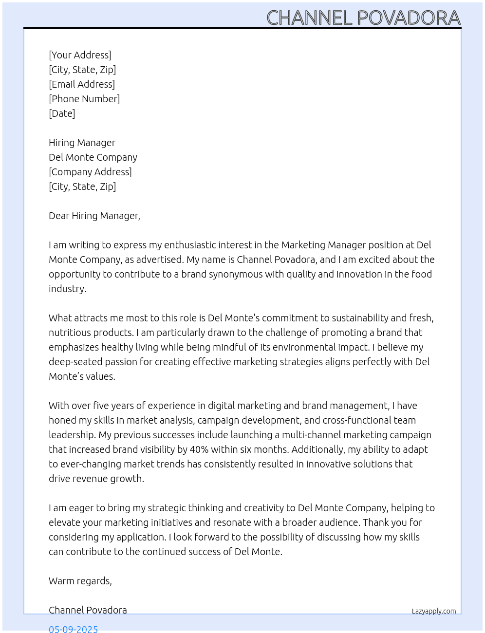 Marketing manager At Del monte Company Cover Letter