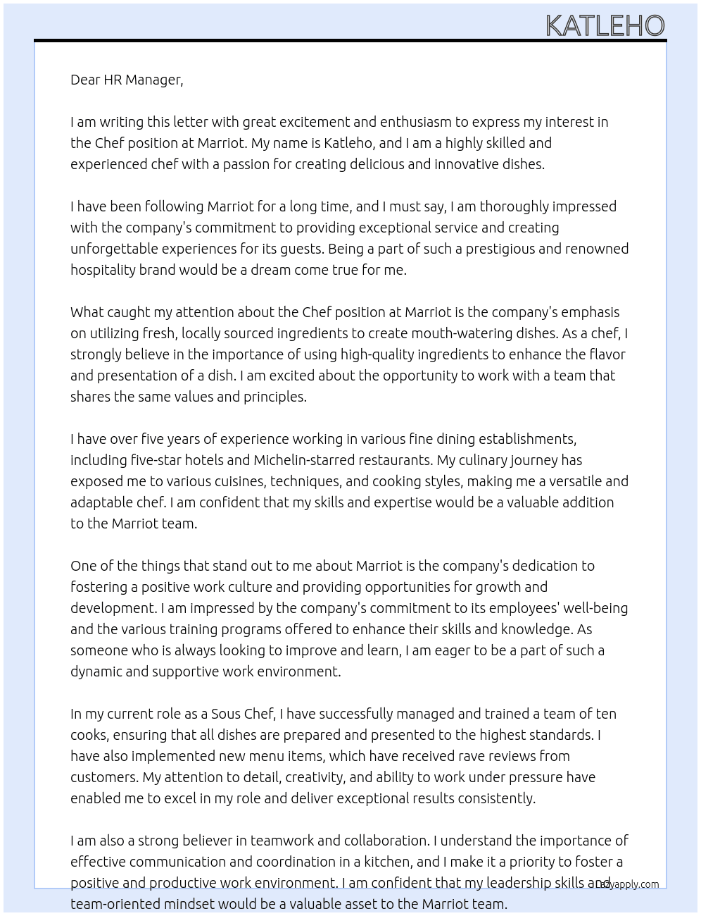 Chef At Marriot  Cover Letter