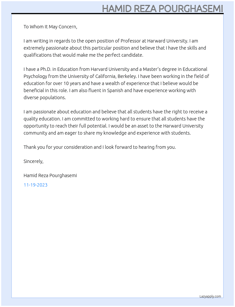 Professor At Harward University  Cover Letter