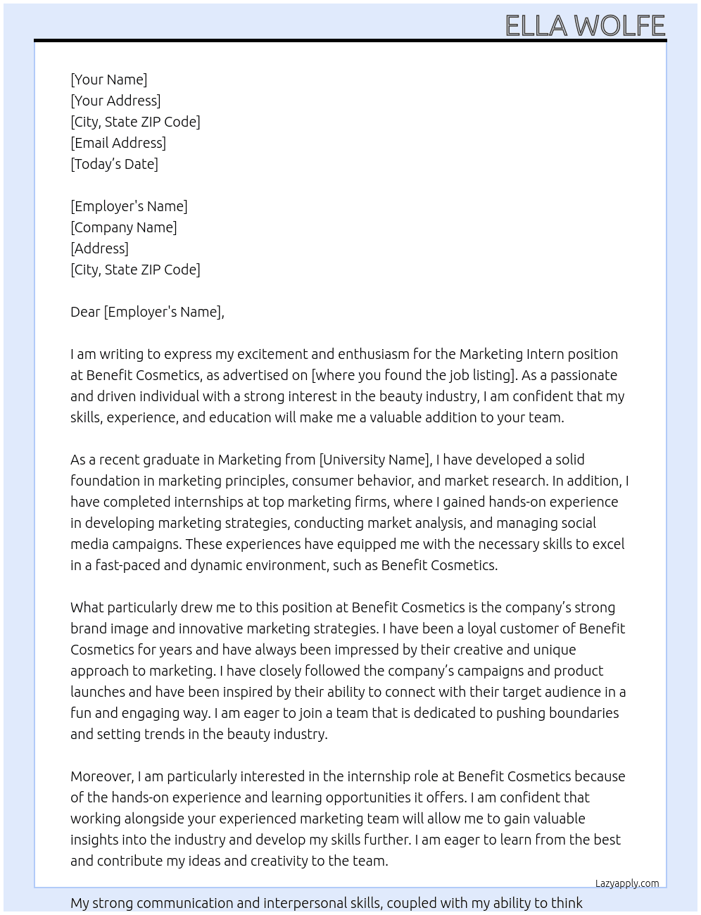 Marketing intern At Benefit Cosmetics Cover Letter