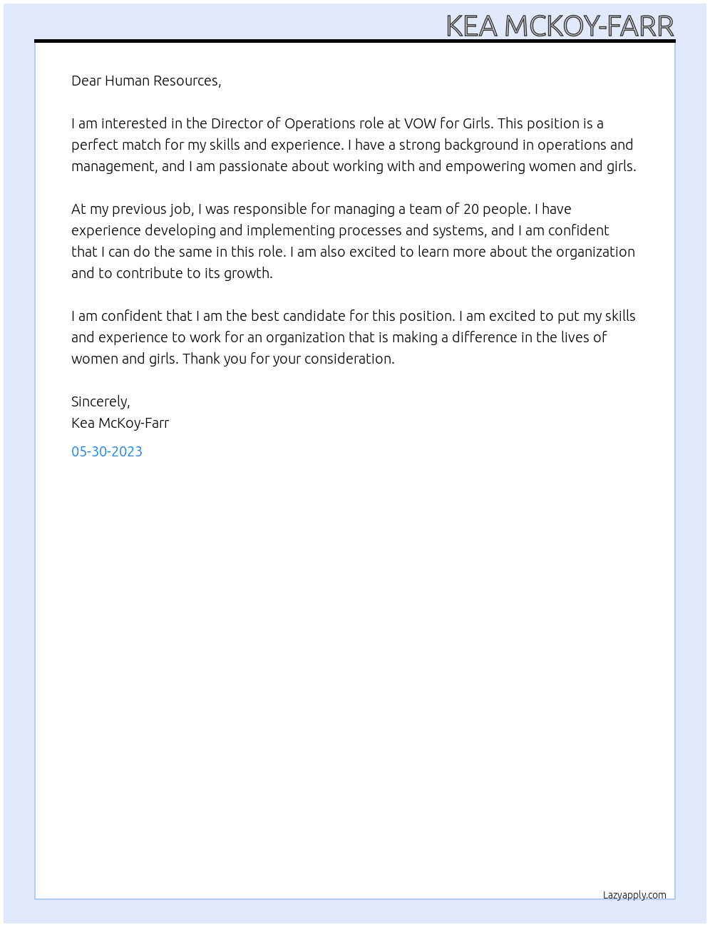 Director of Operations At VOW for Girls Cover Letter