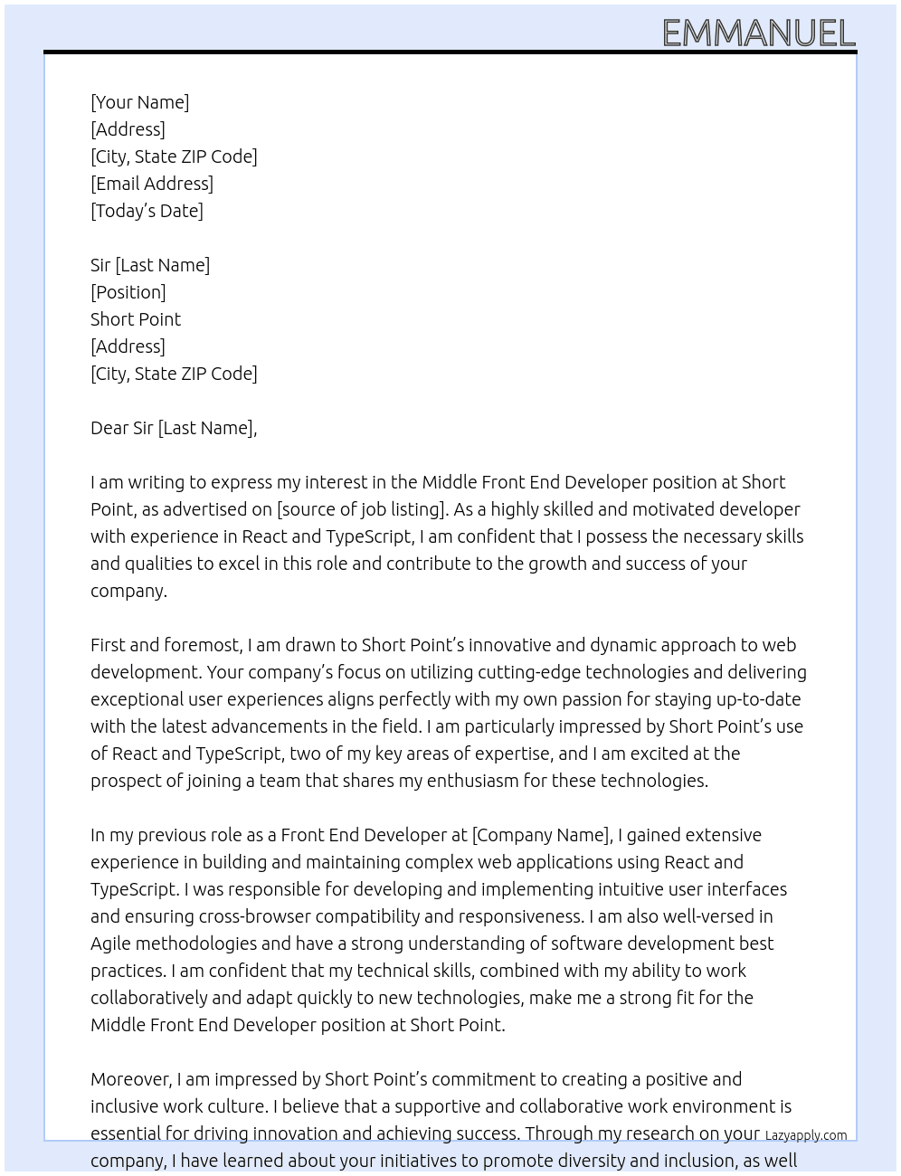 Middle Front End Developer (React/TypeScript) At Short point Cover Letter
