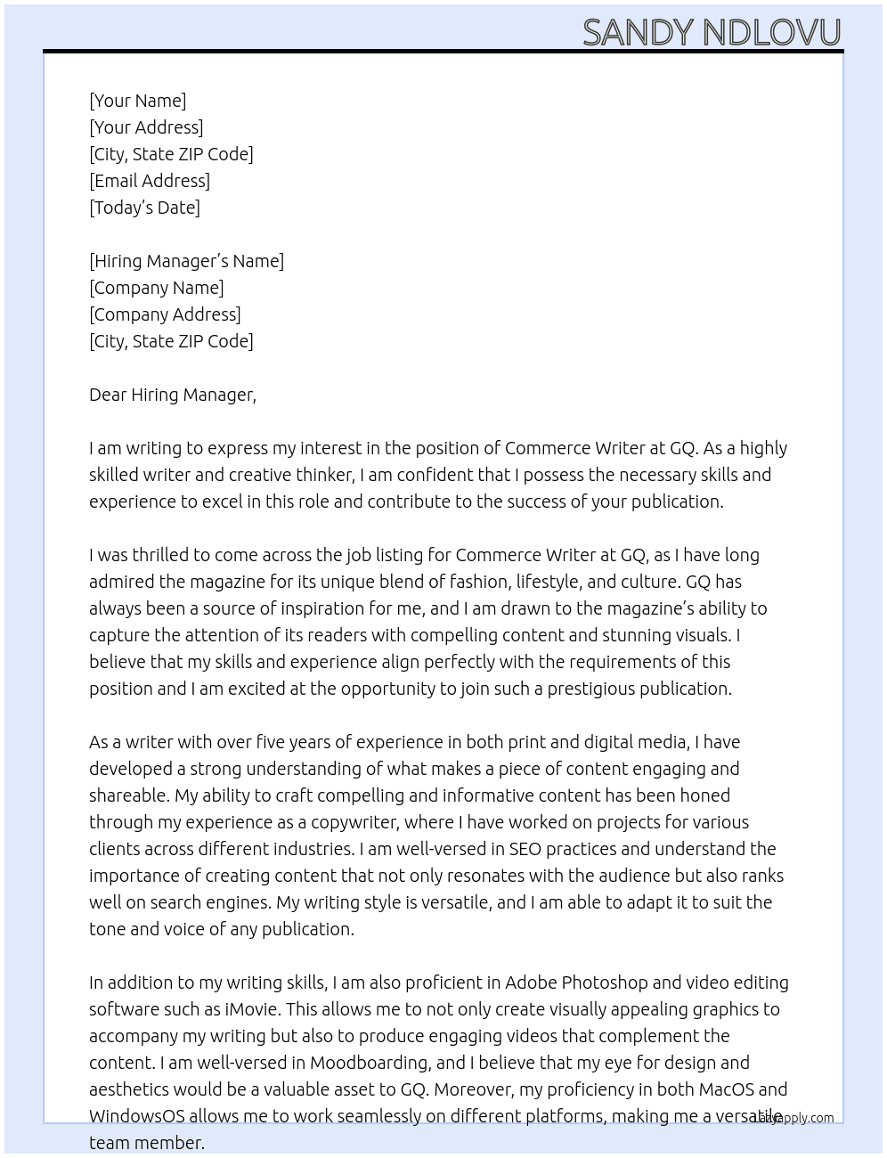 commerce writer At GQ Cover Letter