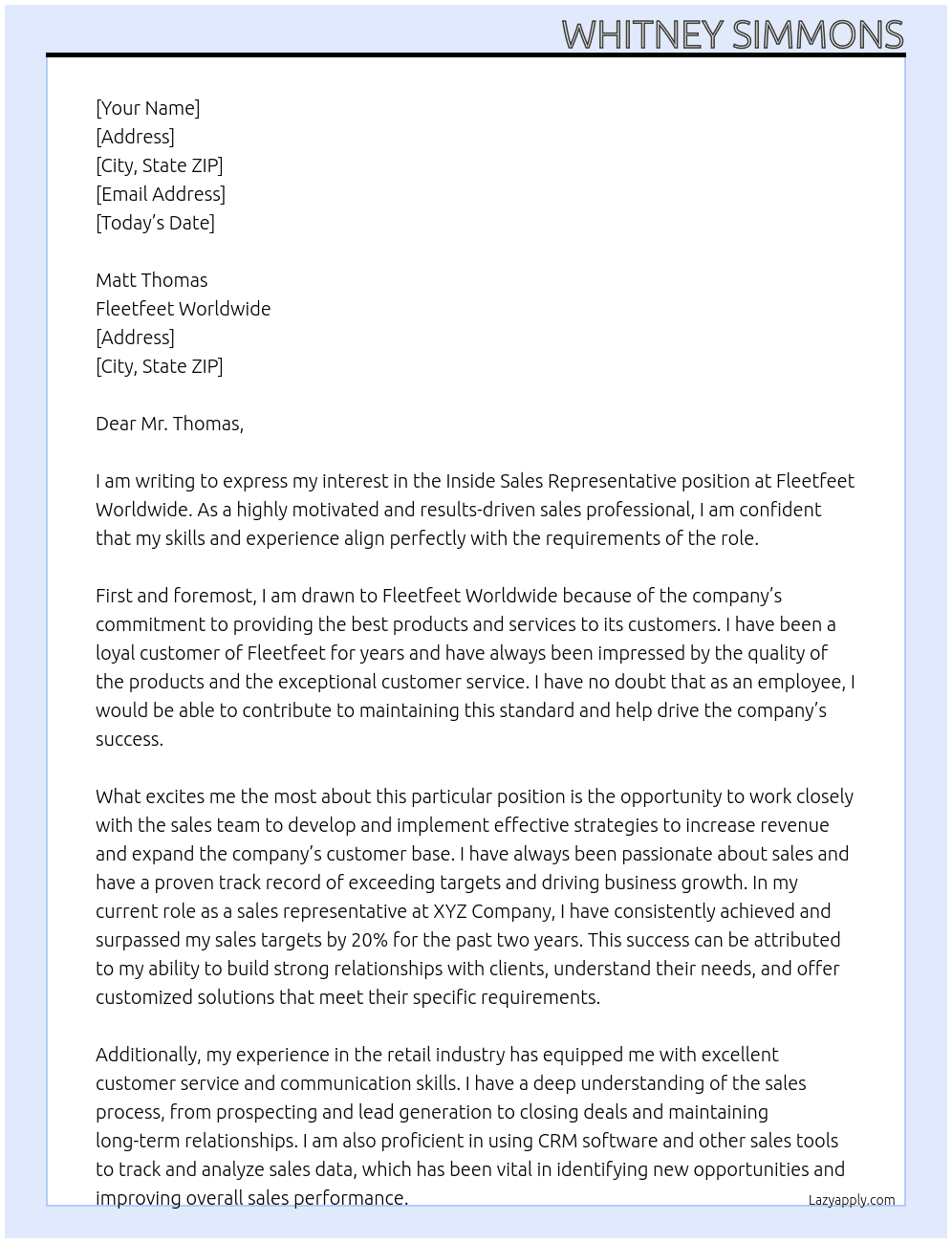 Inside Sales Representative  At Fleetfeet Worldwide Cover Letter