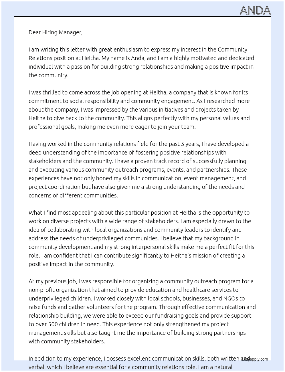 community relation At Heitha Cover Letter