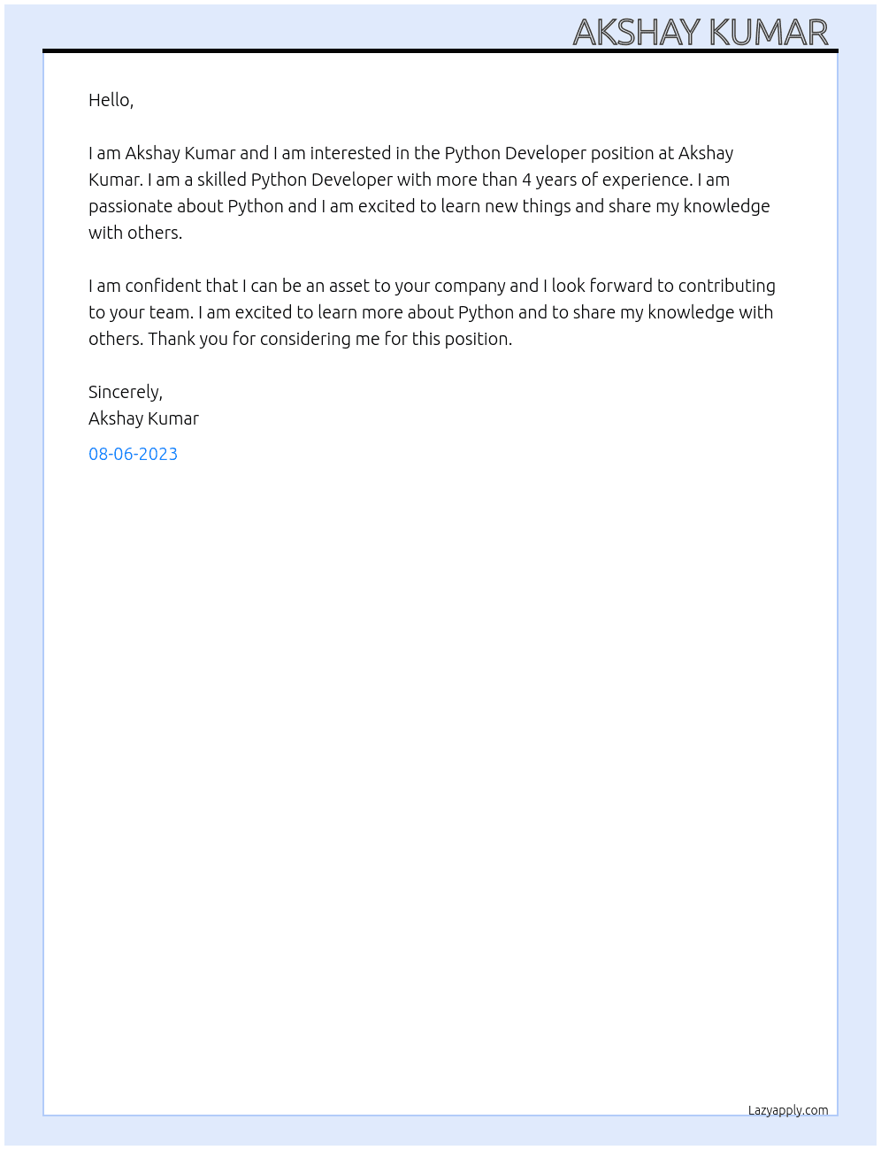 Python Developer  At Akshay Kumar  Cover Letter