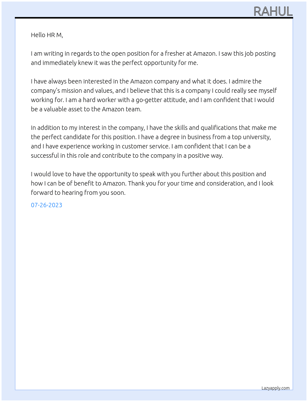 fresher At amaz Cover Letter