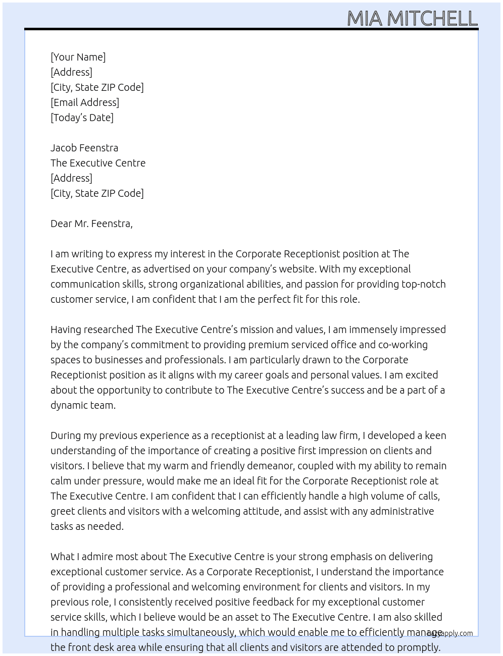 Corporate Receptionist At The Executive Centre Cover Letter