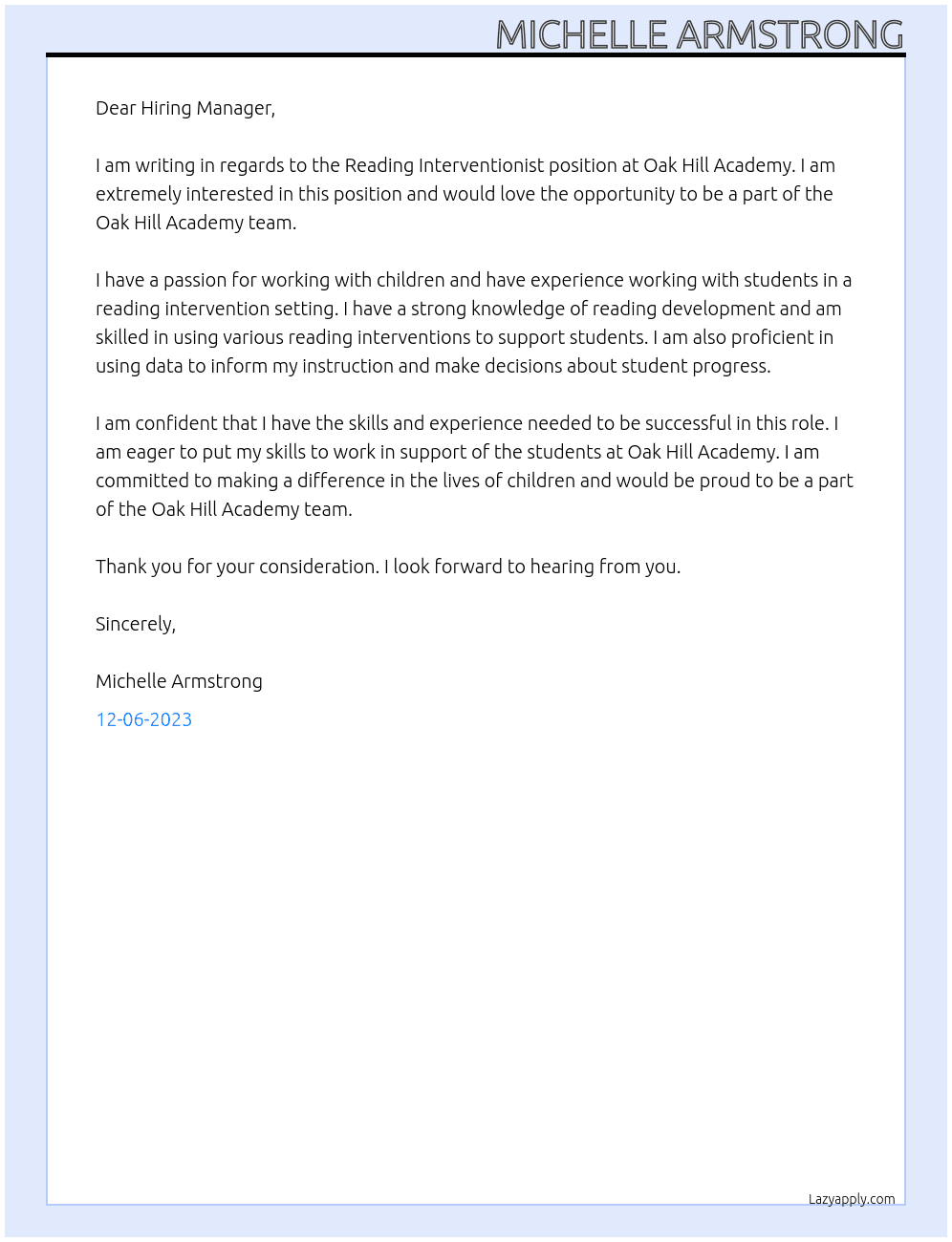 Reading Interventionist At Oak Hill Academy Cover Letter