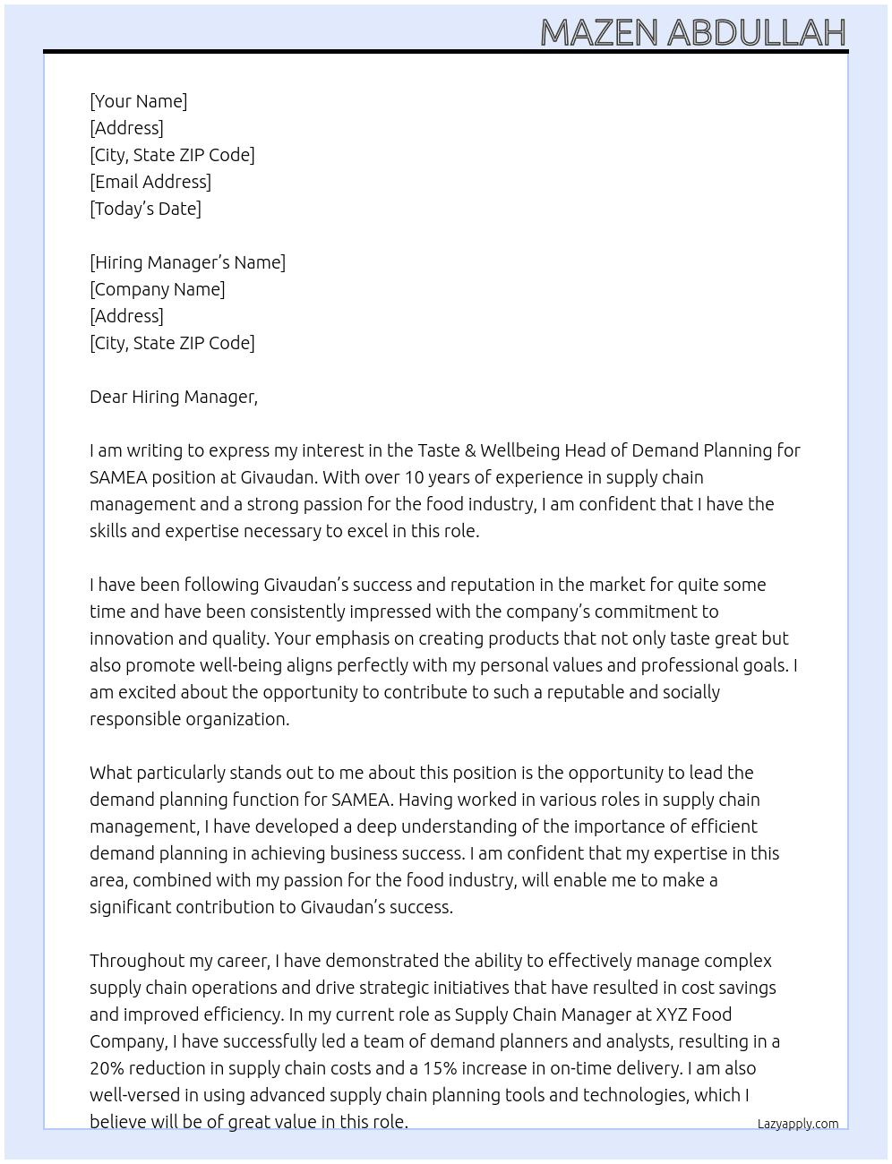 Taste & Wellbeing Head of Demand Planning for SAMEA At Givaudan Cover Letter