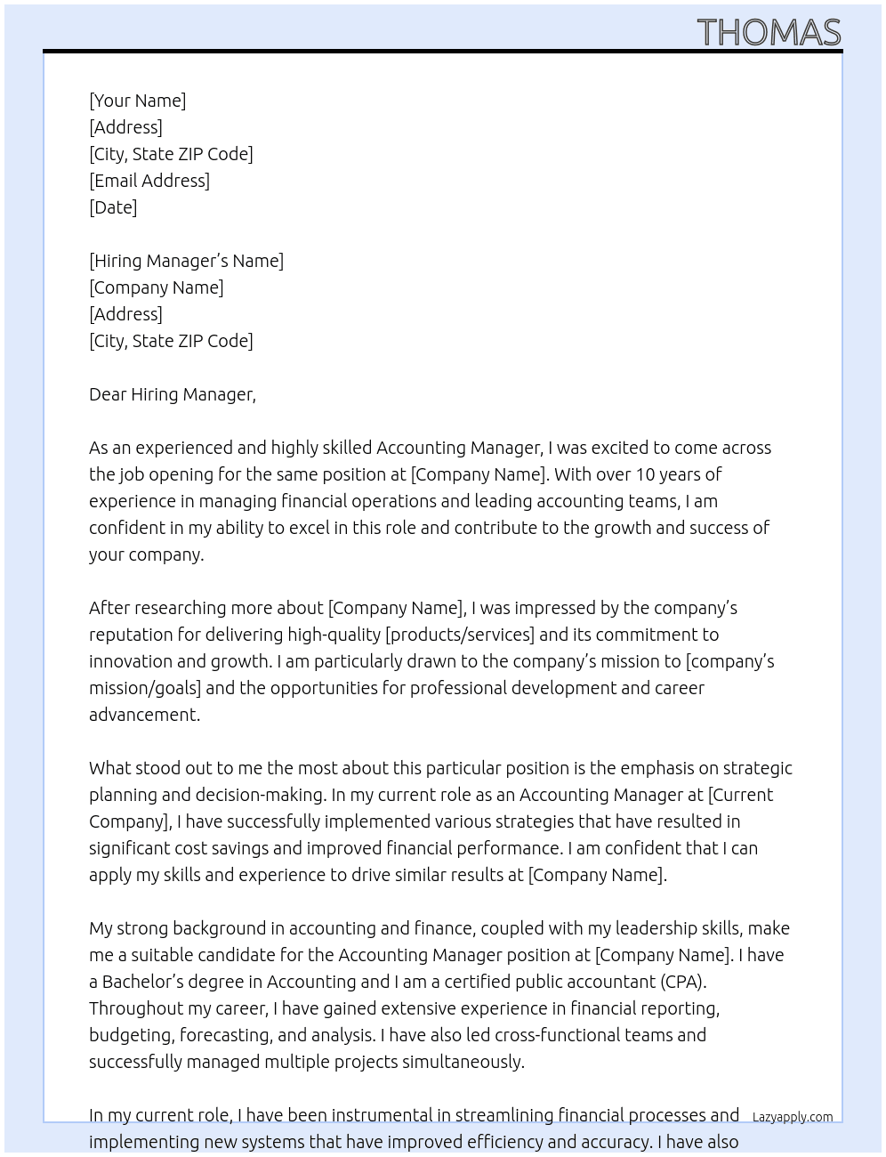 Accounting Manager At Company Name Cover Letter