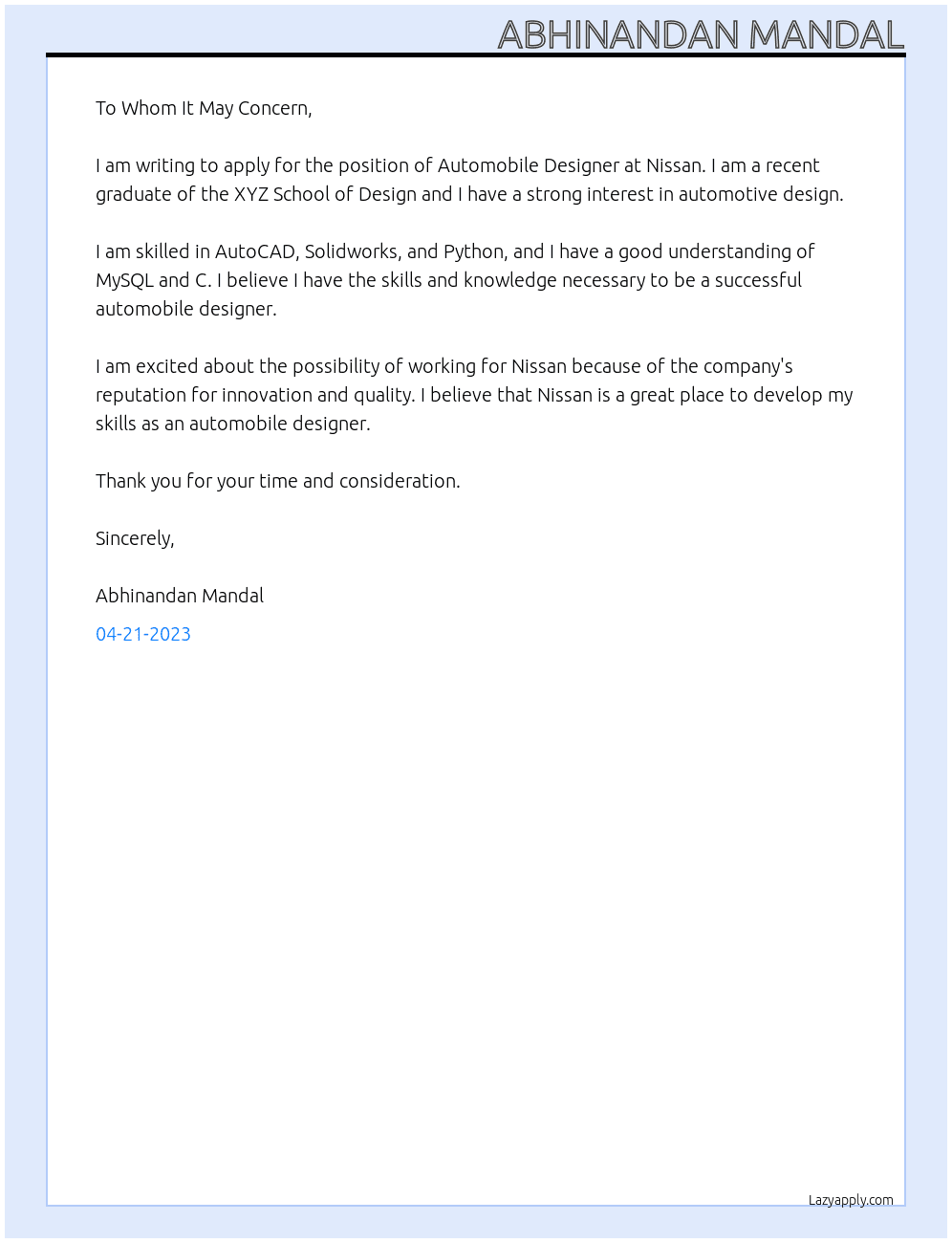 Automobile Desinger At Nissan Cover Letter