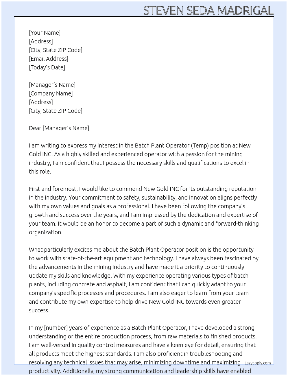 Batch Plant Operator (Temp) At New Gold INC. Cover Letter