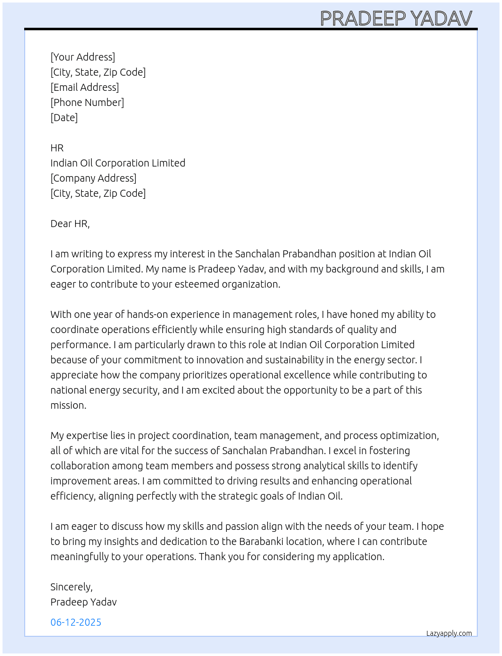 Sanchalan prabandhan  At Indian oil corporation limited  Cover Letter