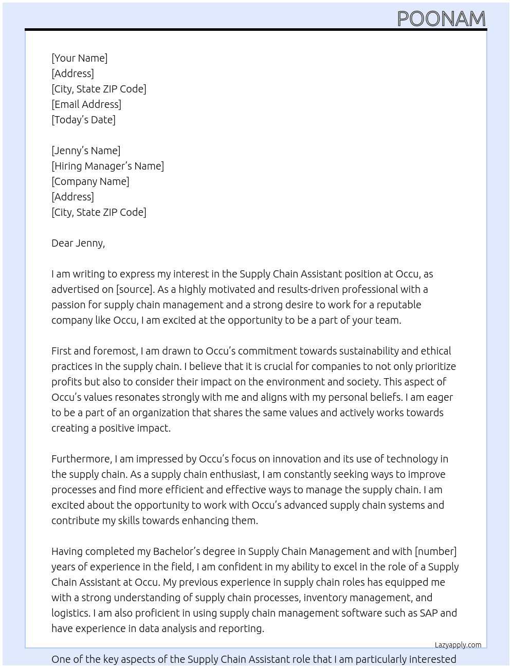 Supply chain assistant  At Occu Cover Letter
