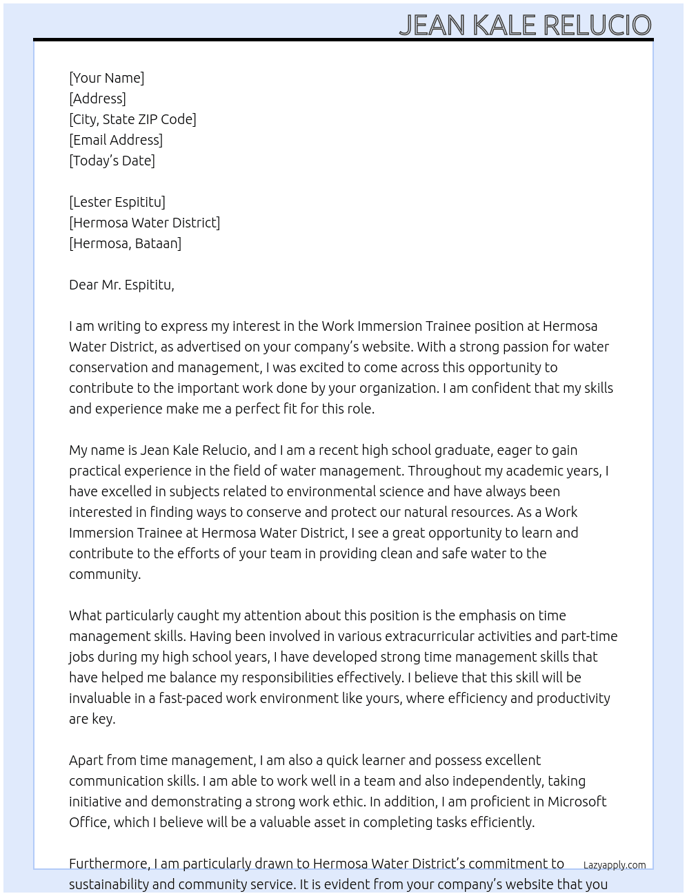 Work Immersion Trainee At Hermosa Water Distric Cover Letter