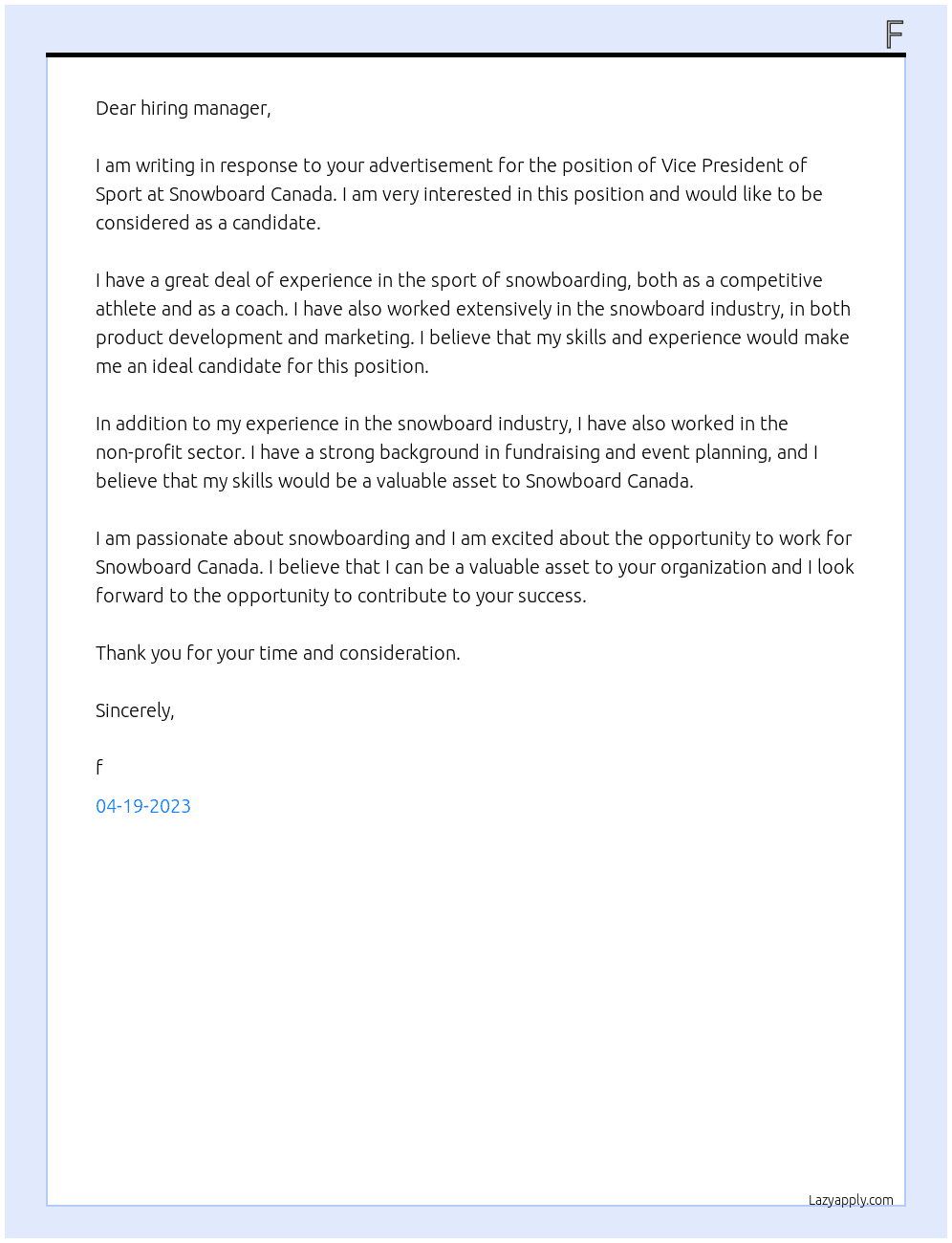 Vice President of Sport At Snowboard Canada Cover Letter