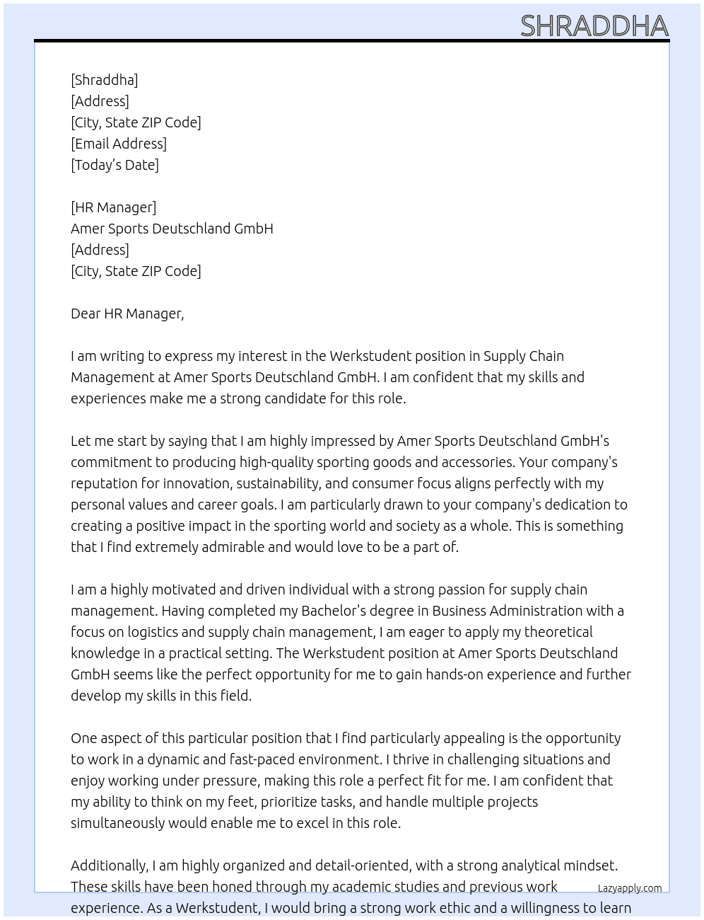 werkstudent - supply chain management At Amer Sports Deutschland GmbH Cover Letter