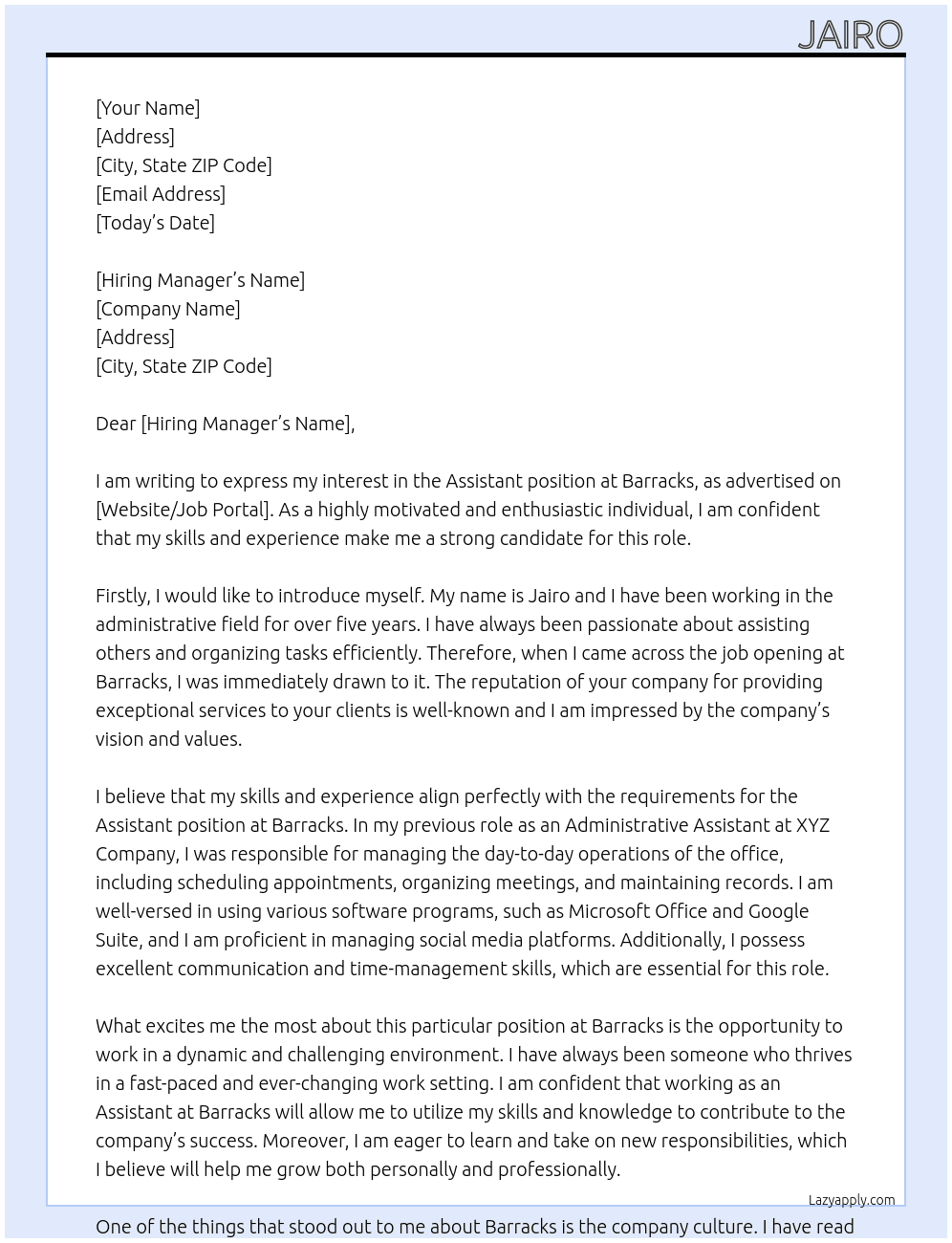 Assistant  At Barracks Cover Letter
