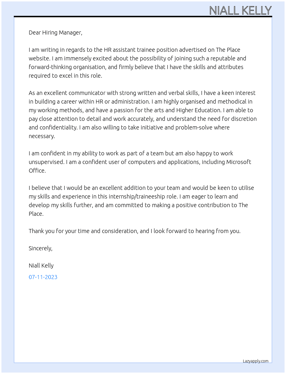 HR assistant trainee At The Place Cover Letter