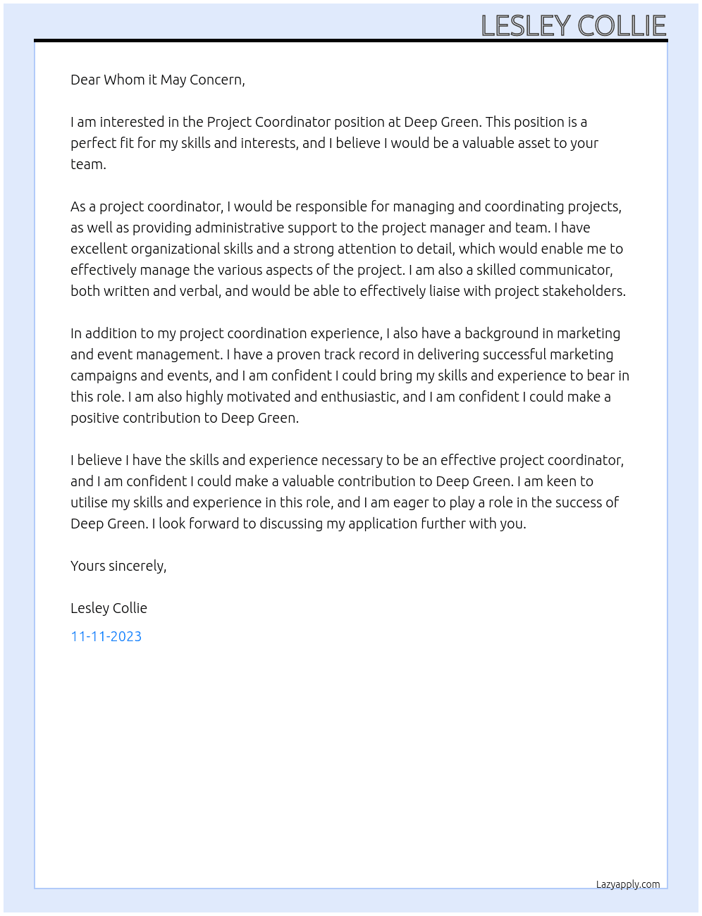 Project Coordinator At Deep Green Cover Letter