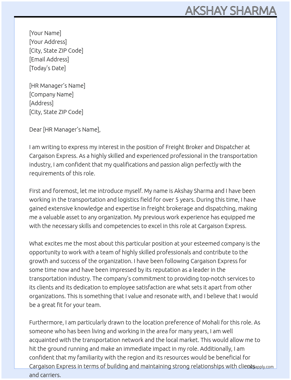 Freight broker and dispatcher At Cargaison express Cover Letter