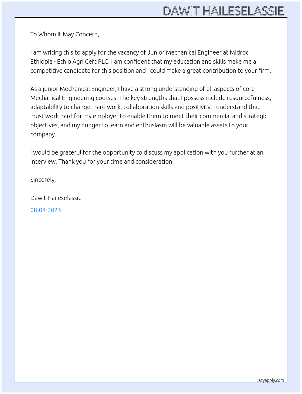 Junior Mechanical Engineer  At Midroc Ethiopia -- Ethio Agri Ceft PLC  Cover Letter
