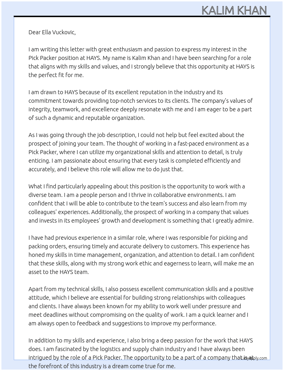 Pick Packer At HAYS Cover Letter