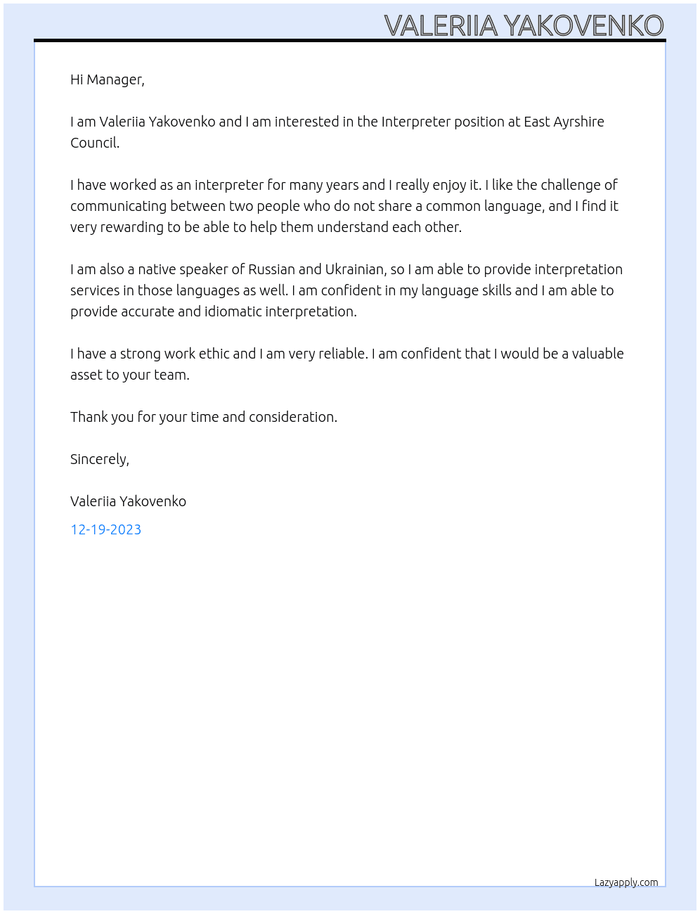 Interpreter At East Ayrshire Council  Cover Letter