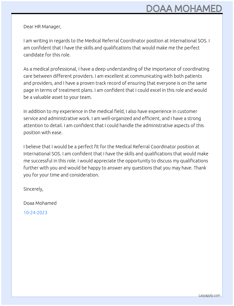 Medical referral coordinator  At International SOS Cover Letter