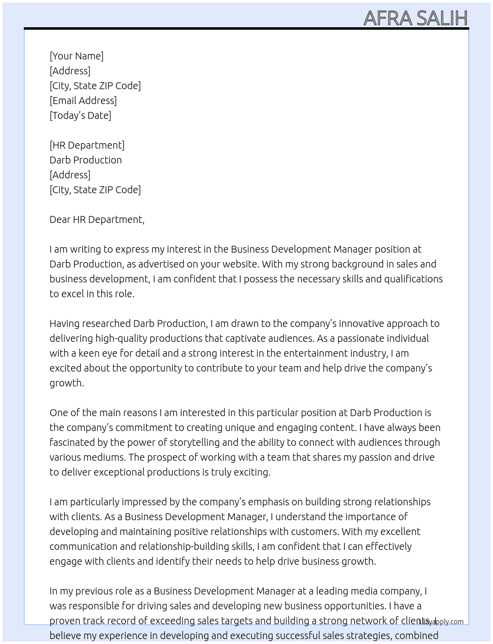 Business Development Manager  At Darb Production  Cover Letter