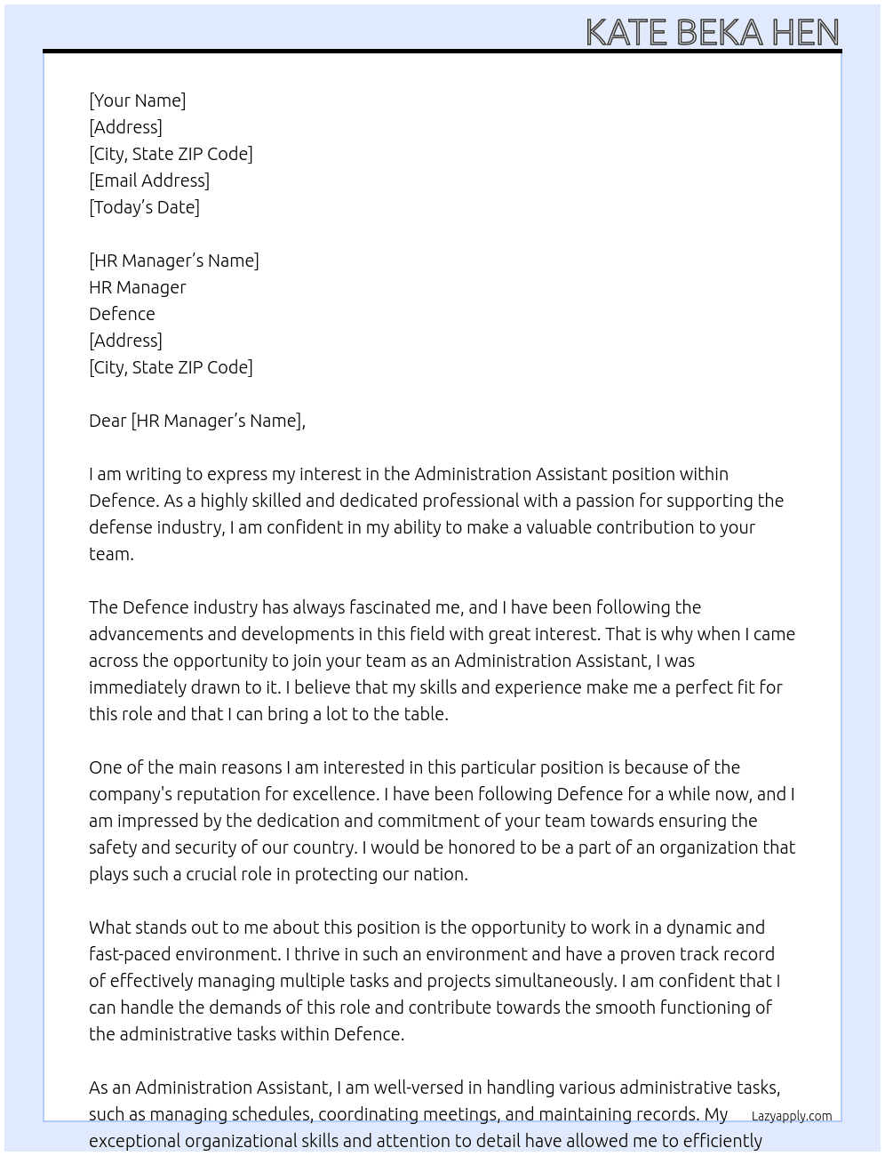 Administration Assistant - Defence At Defence Cover Letter