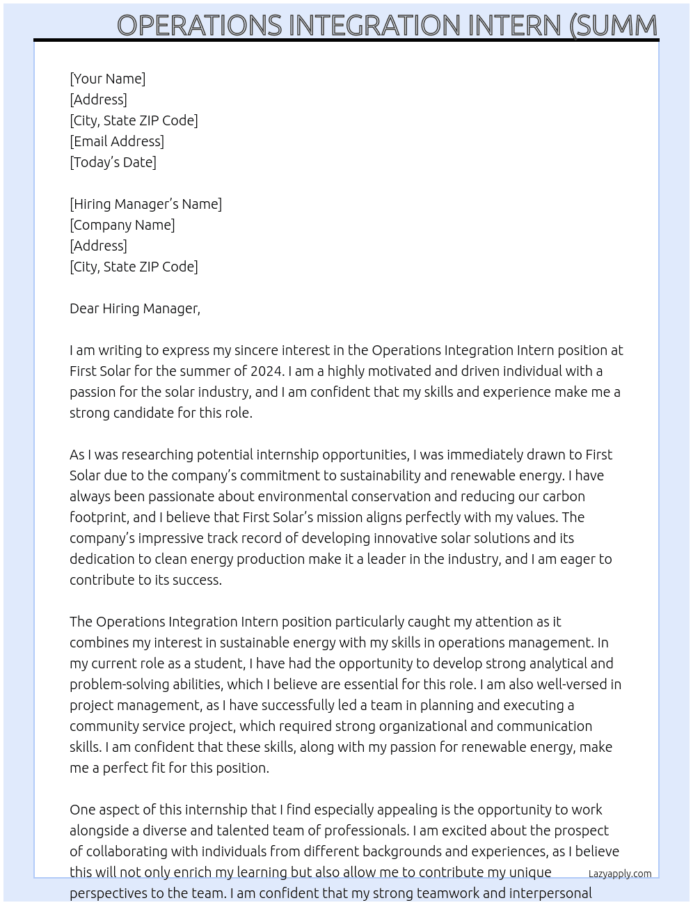Operations Integration Intern (Summer 2024) At First Solar Cover Letter