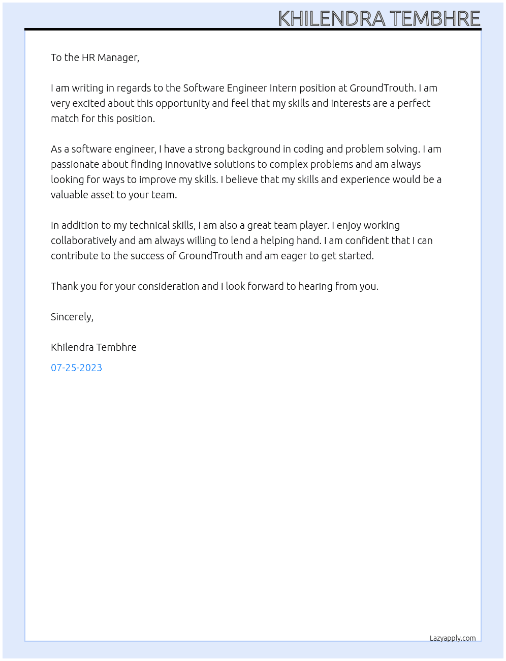 Software Engineer Intern At GroundTrouth Cover Letter