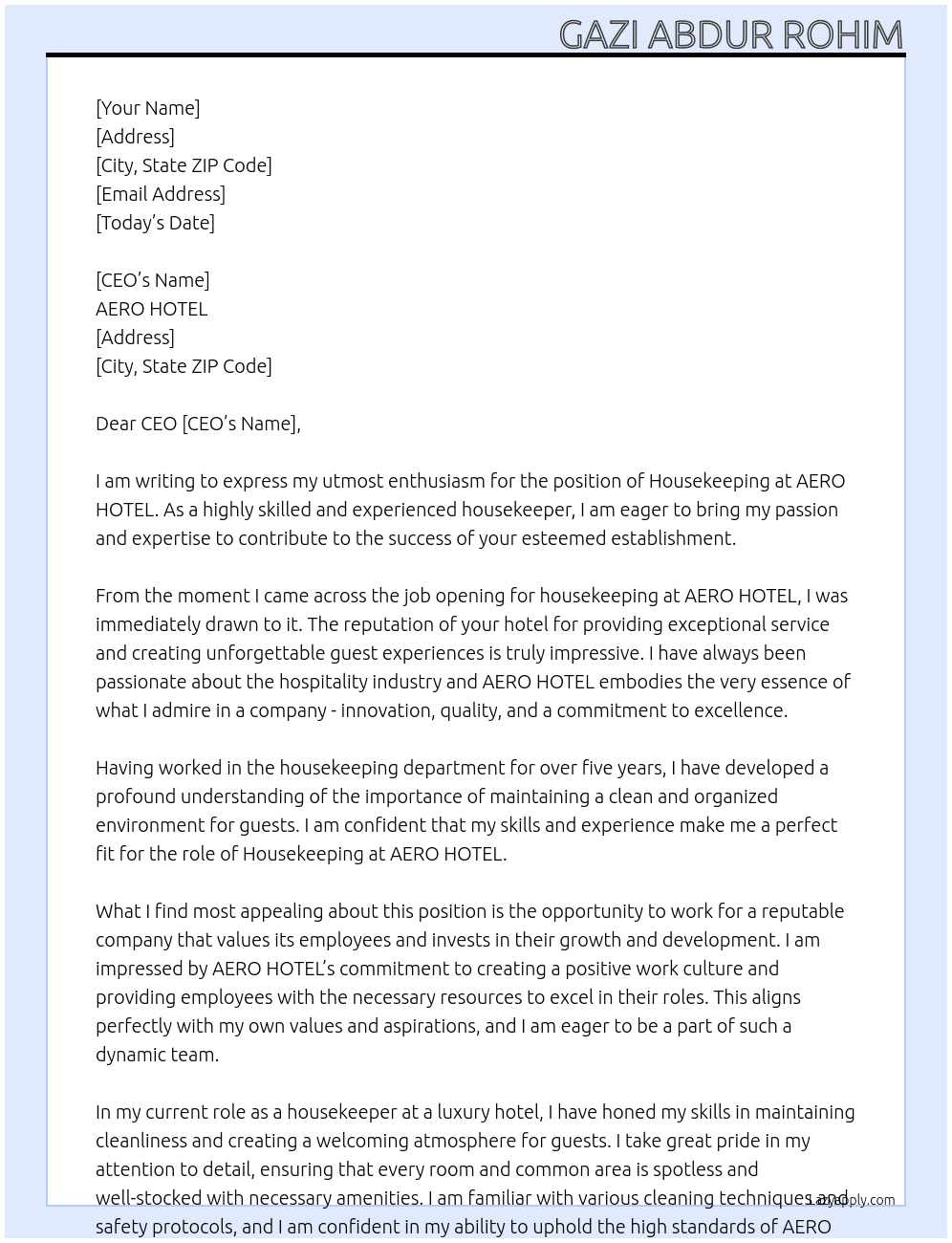 housekeeping  At AERO HOTEL  Cover Letter
